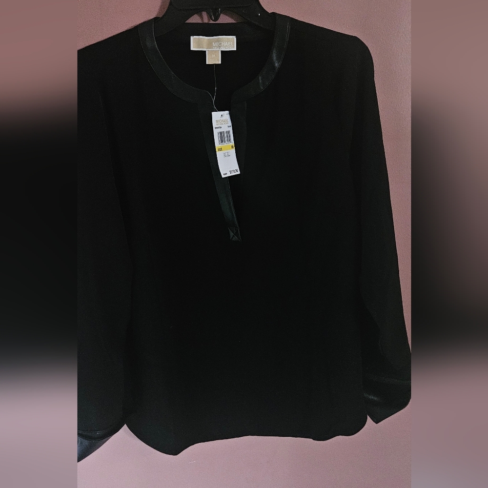 Michael Kors Black Faux-Leather Trim Blouse